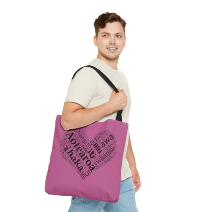 Pink Māori Word Art Heart Tote Bag