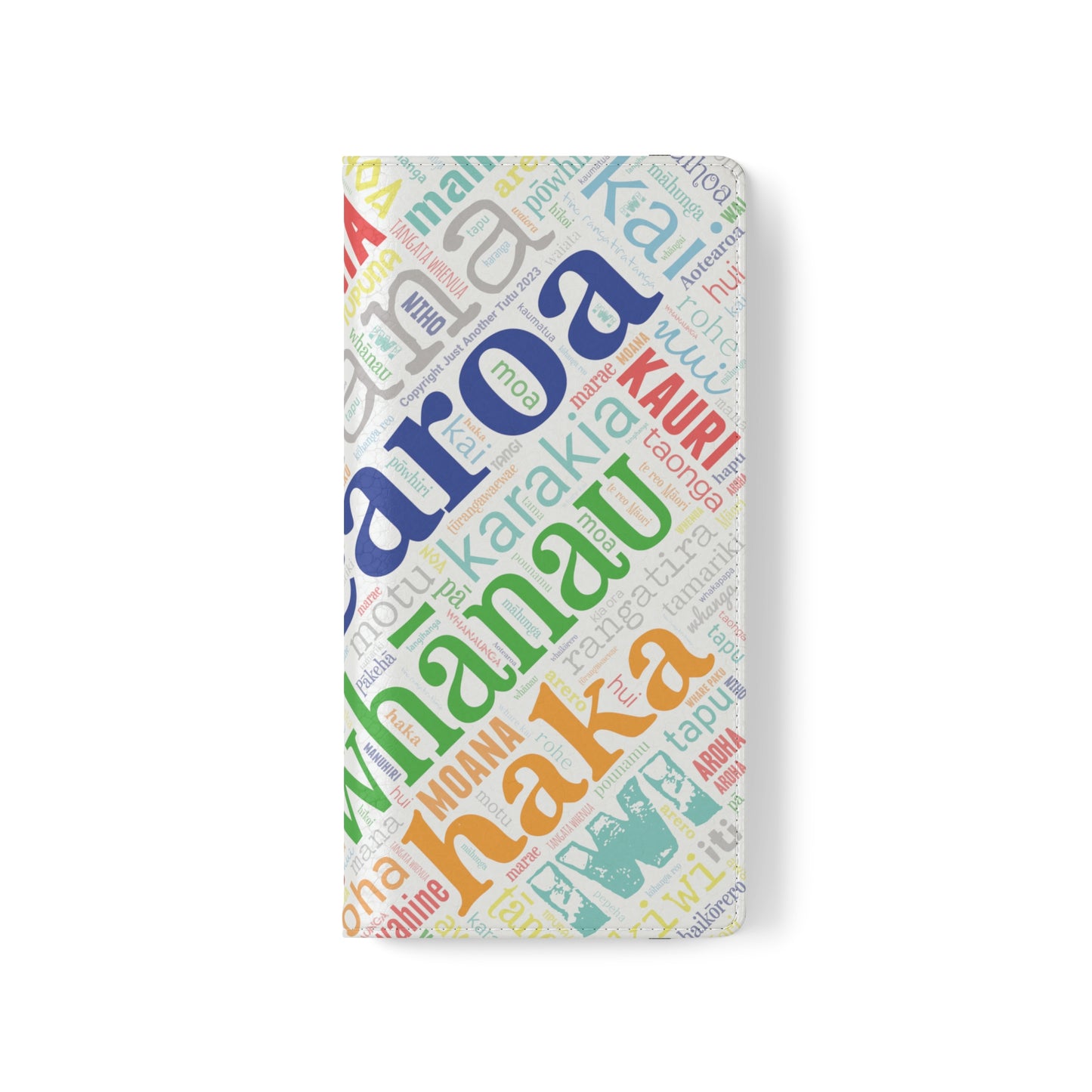 Rainbow White Māori Word Art Flip Cases