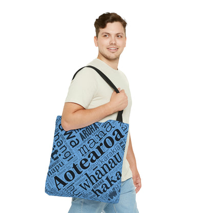 Light Blue Māori Word Art Tote Bag