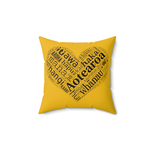 Yellow Māori Word Art Heart Square Pillow