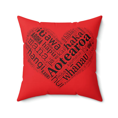 Red Māori Word Art Heart Square Pillow