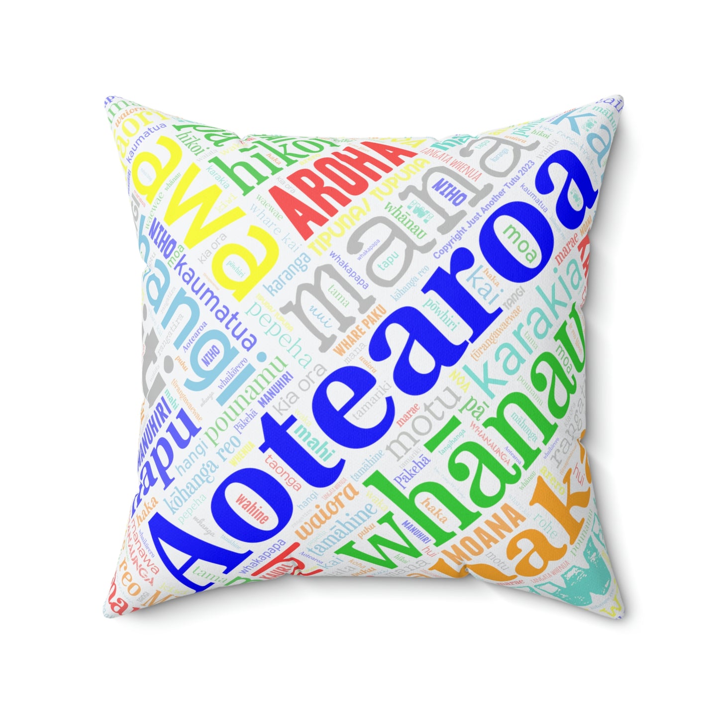 Rainbow White Māori Word Art Square Pillow