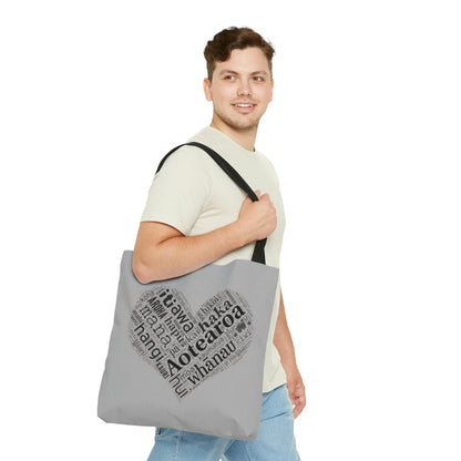 Grey Māori Word Art Heart Tote Bag