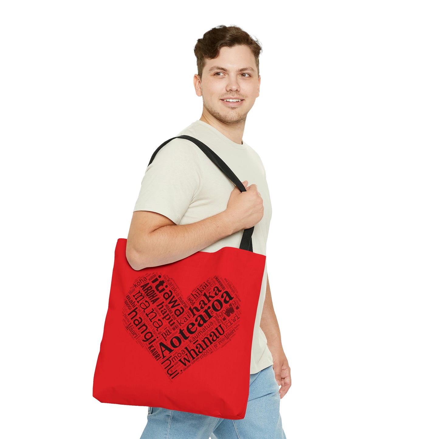 Red Māori Word Art Heart Tote Bag