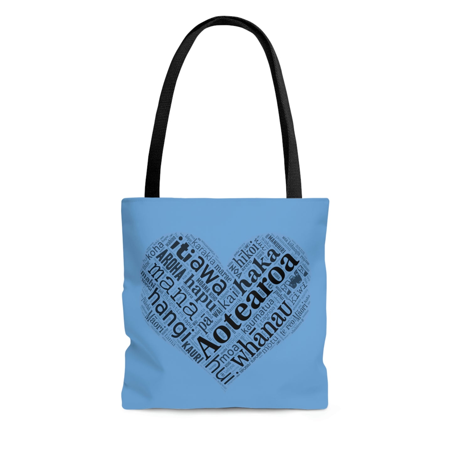 Light Blue Māori Word Art Heart Tote Bag