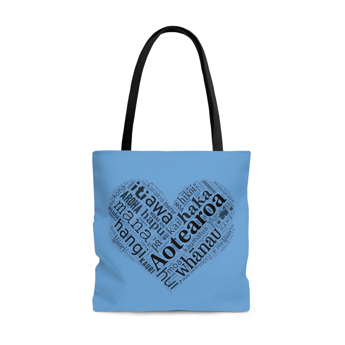 Light Blue Māori Word Art Heart Tote Bag