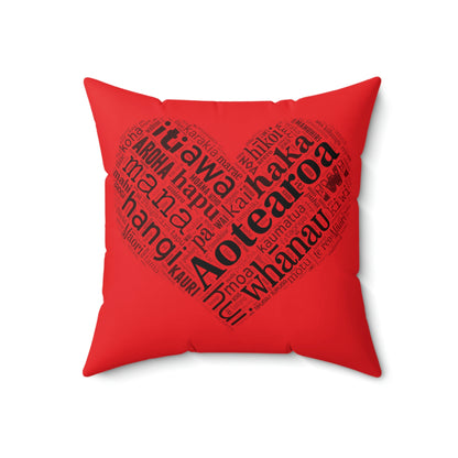 Red Māori Word Art Heart Square Pillow