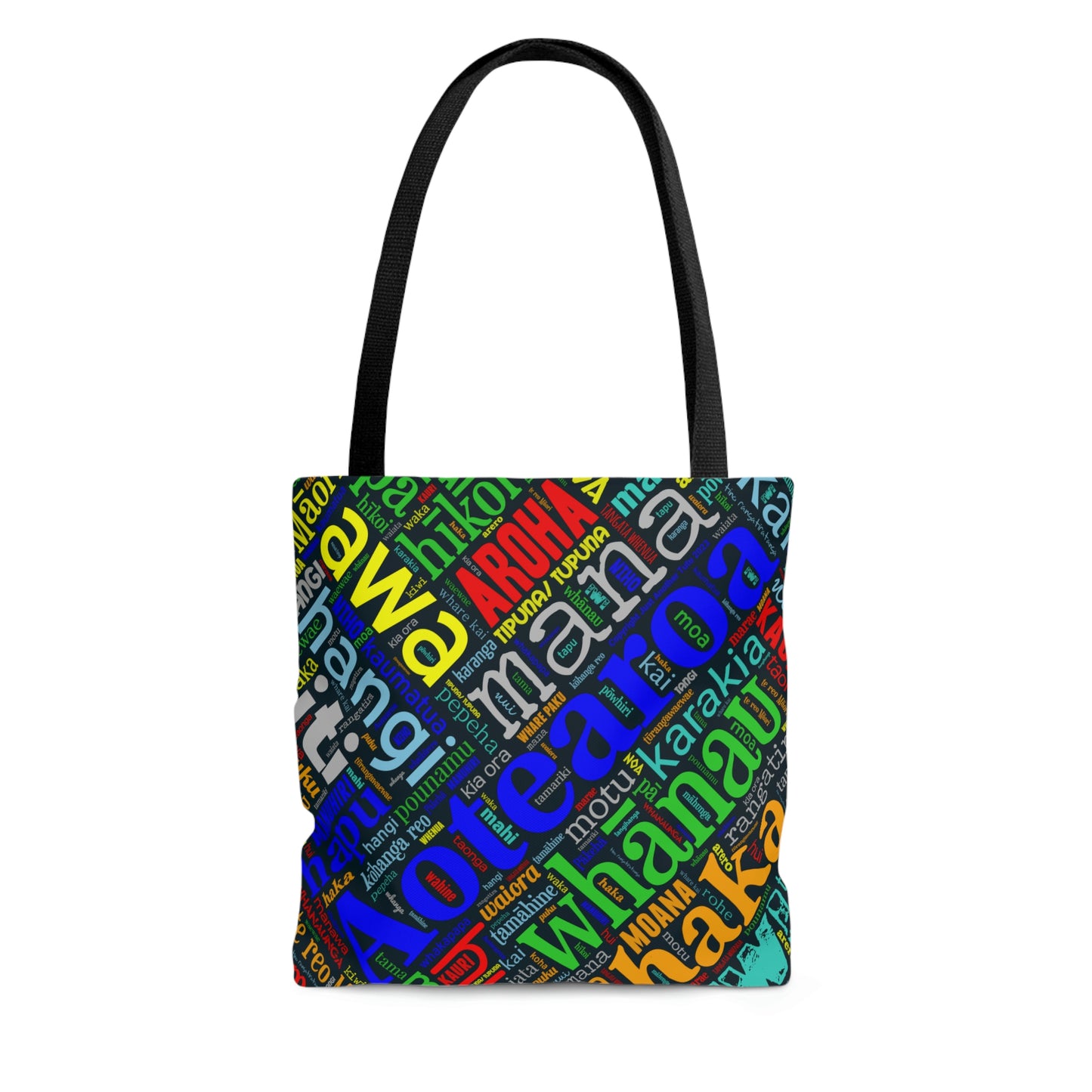 Rainbow Black Māori Word Art Tote Bag