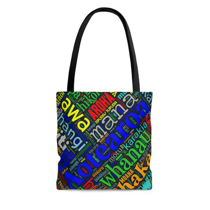 Rainbow Black Māori Word Art Tote Bag