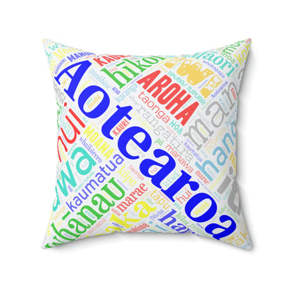 Rainbow White Māori Word Art Square Pillow