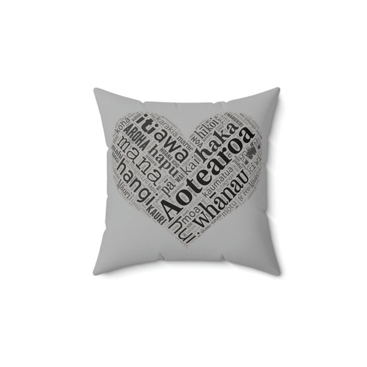 Grey Māori Word Art Heart Square Pillow