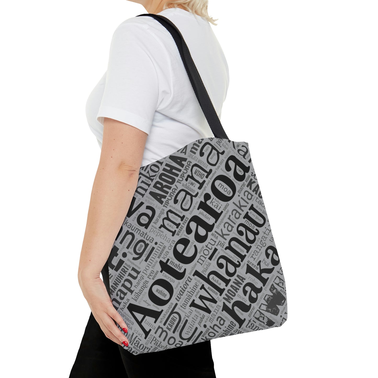 Grey Māori Word Art Tote Bag