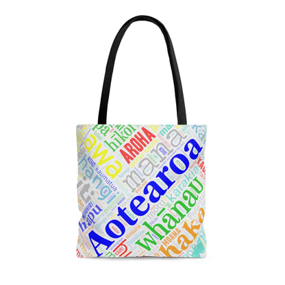 Rainbow White Māori Word Art Tote Bag