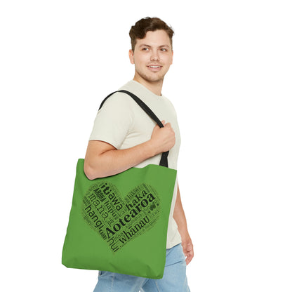 Green Māori Word Art Heart Tote Bag