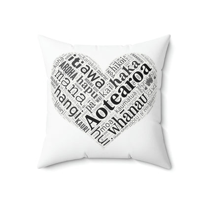 White Māori Word Art Heart Square Pillow