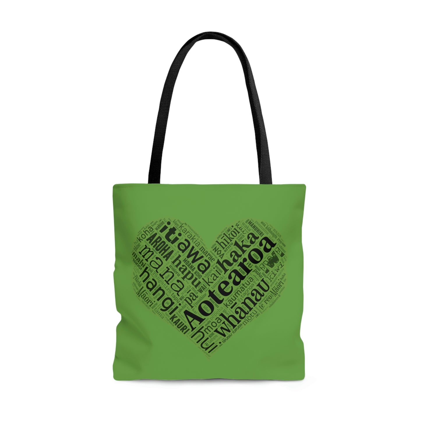 Green Māori Word Art Heart Tote Bag