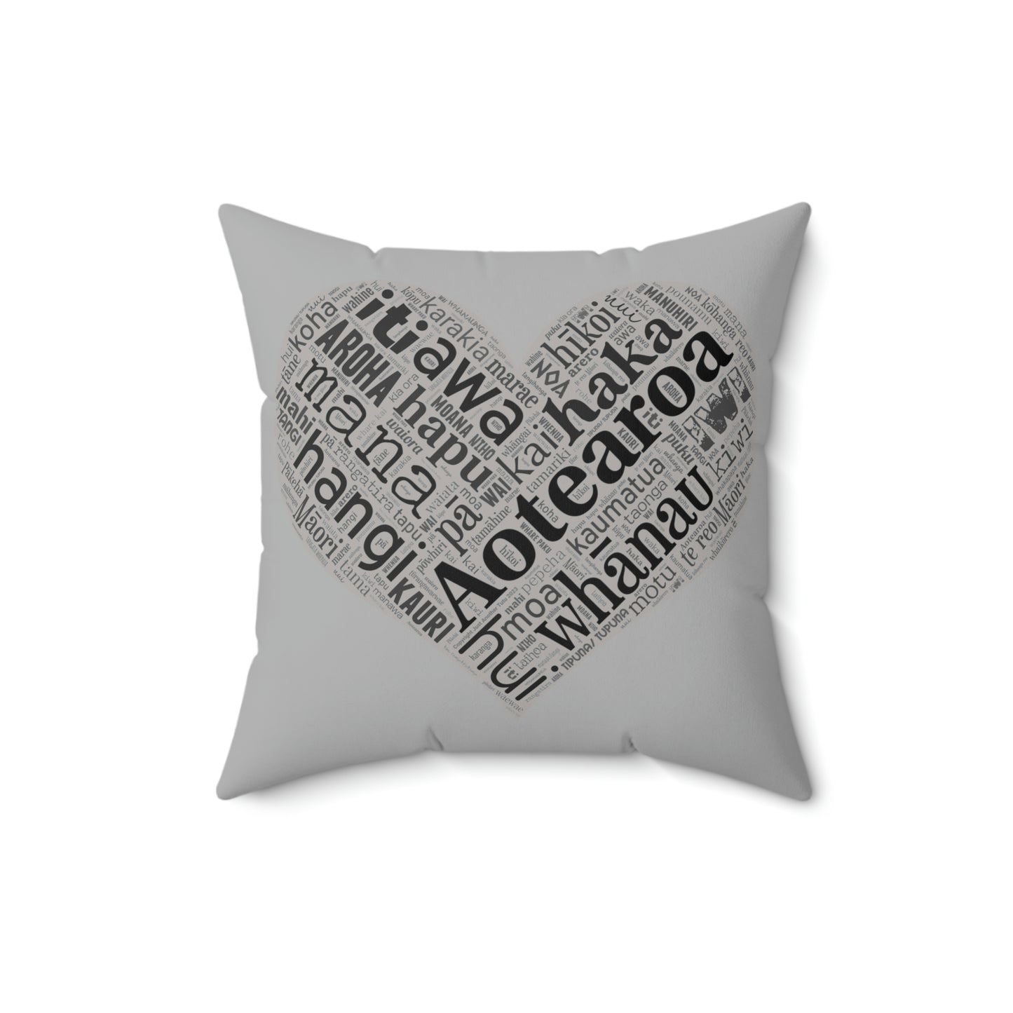 Grey Māori Word Art Heart Square Pillow