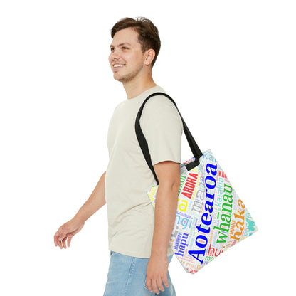 Rainbow White Māori Word Art Tote Bag