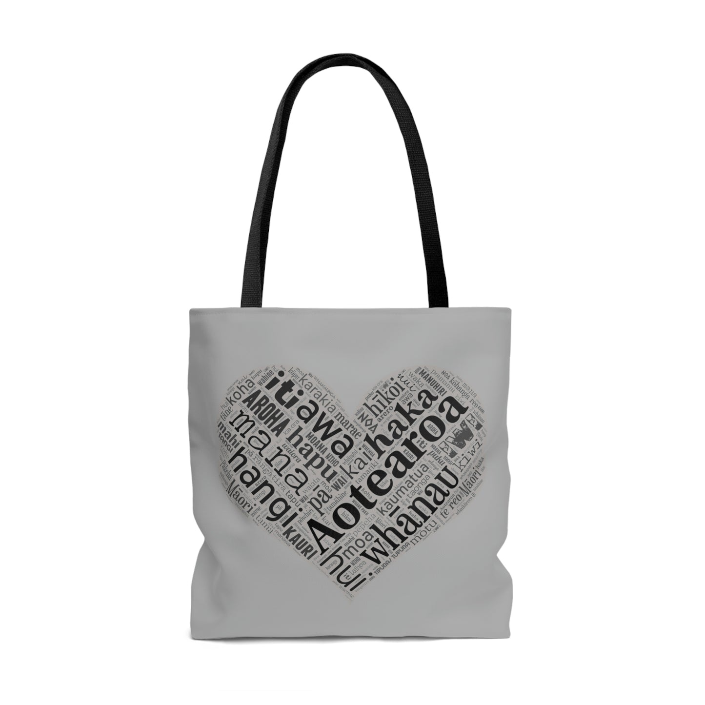 Grey Māori Word Art Heart Tote Bag