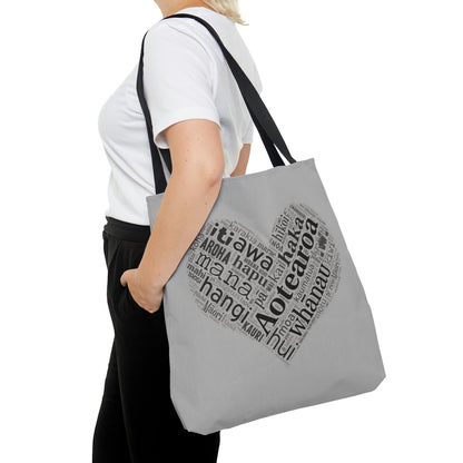 Grey Māori Word Art Heart Tote Bag