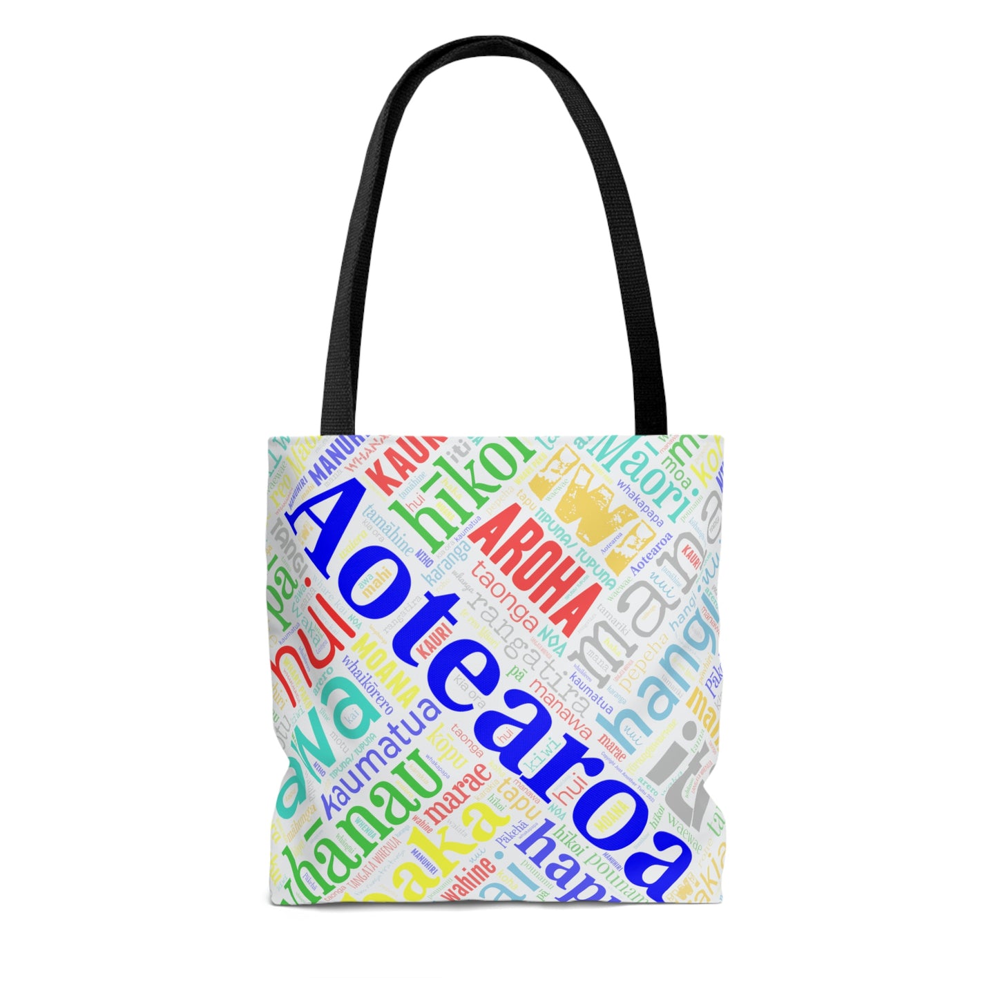 Rainbow White Māori Word Art Tote Bag