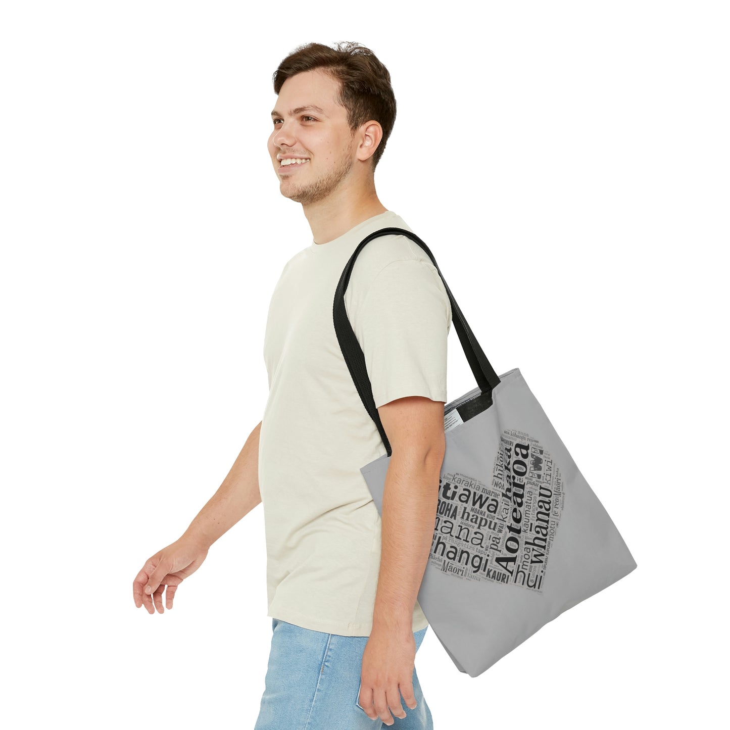 Grey Māori Word Art Heart Tote Bag