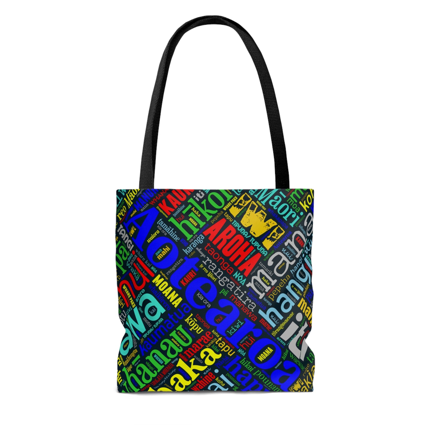 Rainbow Black Māori Word Art Tote Bag