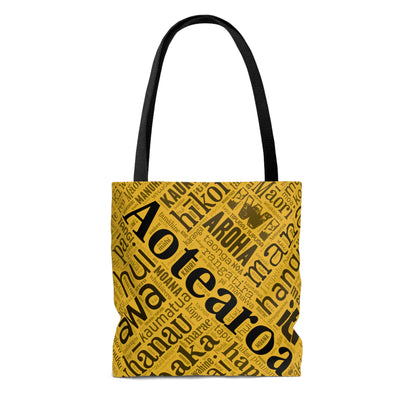 Yellow Māori Word Art Tote Bag