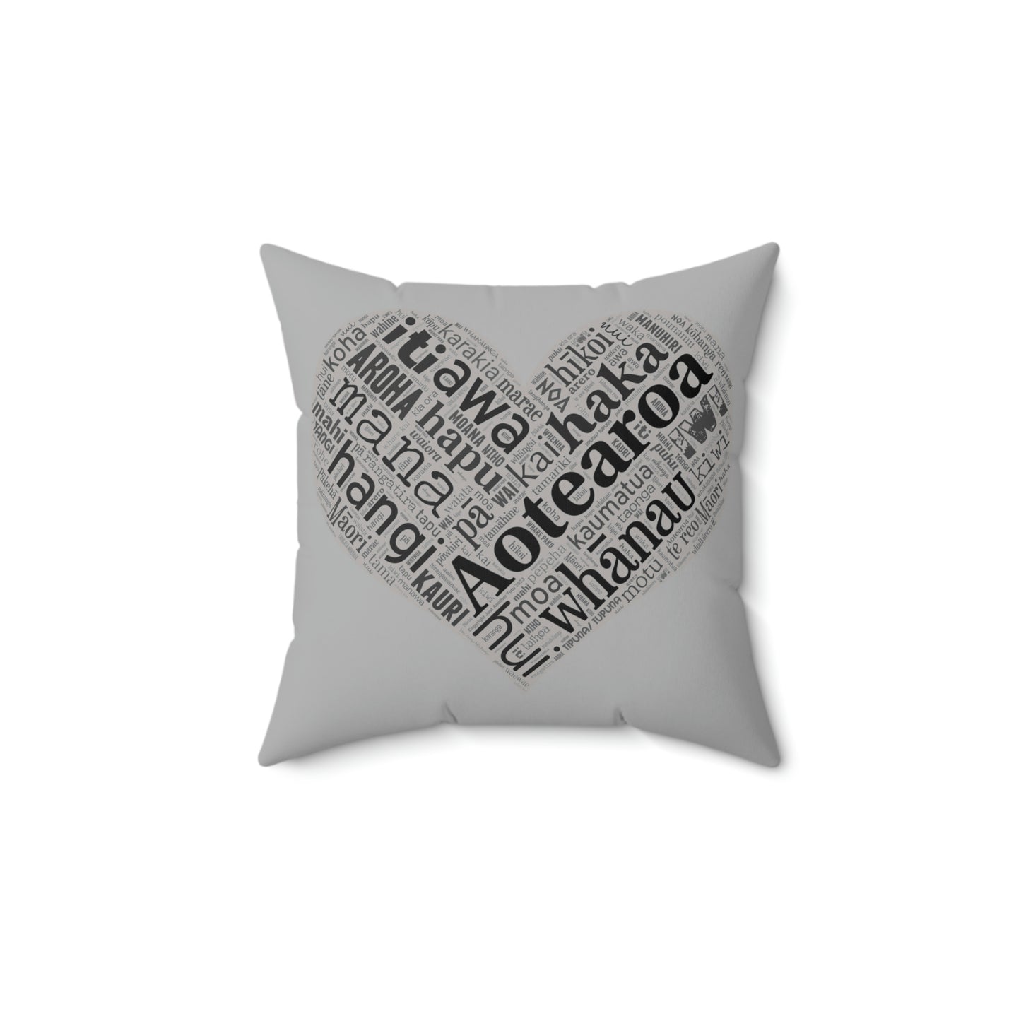 Grey Māori Word Art Heart Square Pillow