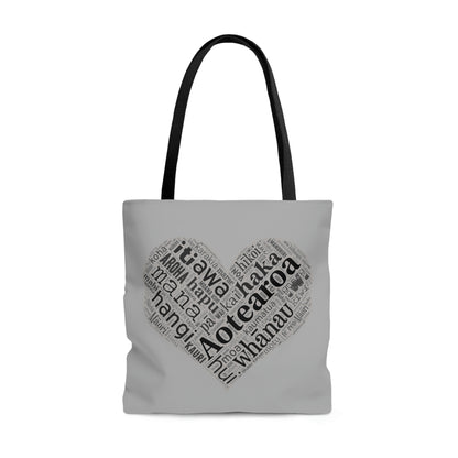 Grey Māori Word Art Heart Tote Bag