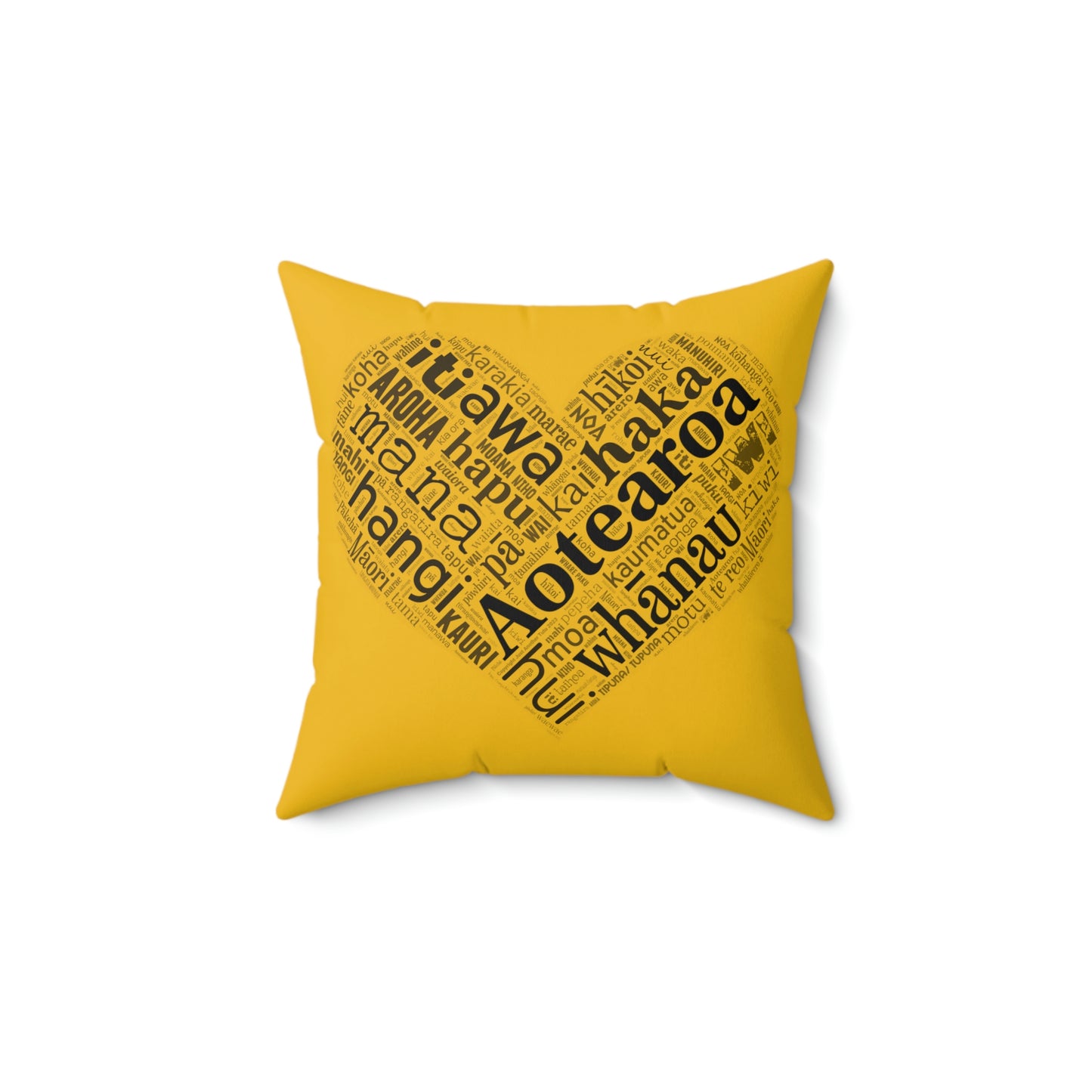 Yellow Māori Word Art Heart Square Pillow