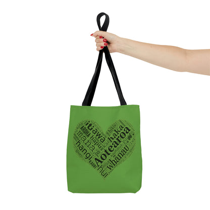 Green Māori Word Art Heart Tote Bag