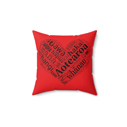 Red Māori Word Art Heart Square Pillow