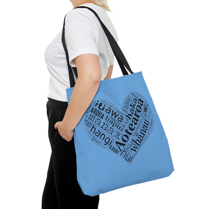 Light Blue Māori Word Art Heart Tote Bag