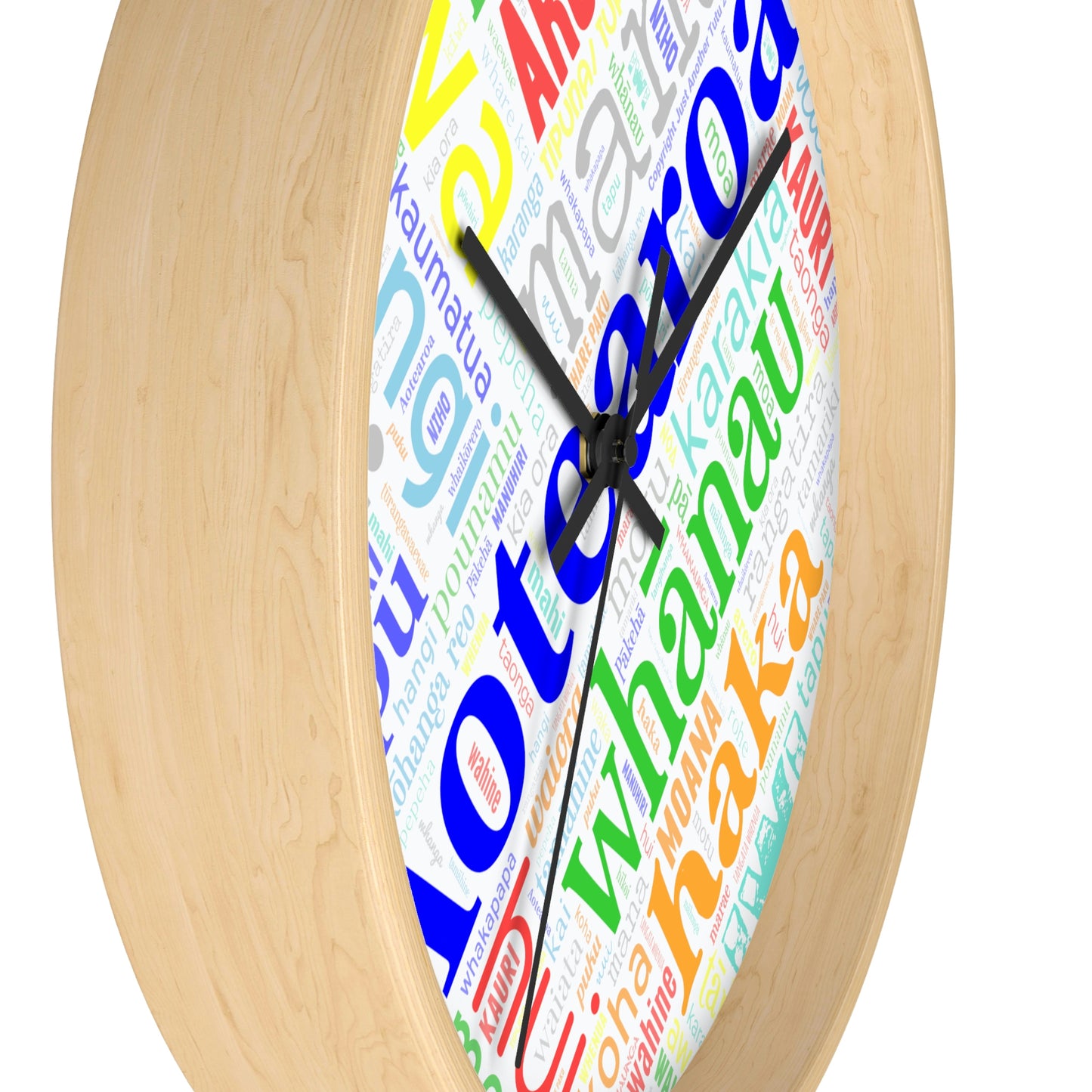 Rainbow Māori Word Art Heart Wall clock