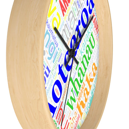 Rainbow Māori Word Art Heart Wall clock