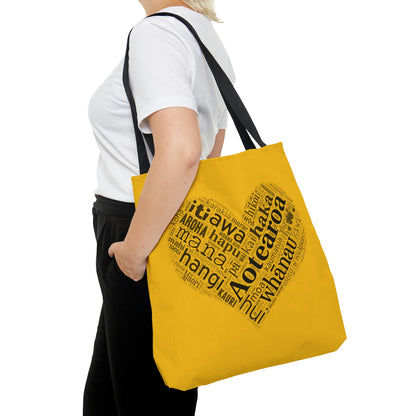 Yellow Māori Word Art Heart Tote Bag