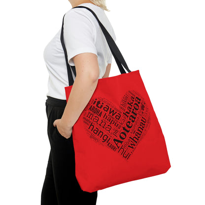 Red Māori Word Art Heart Tote Bag