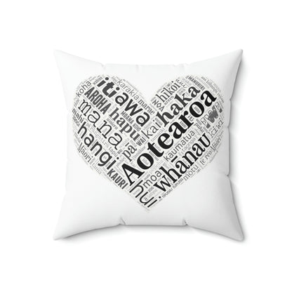 White Māori Word Art Heart Square Pillow