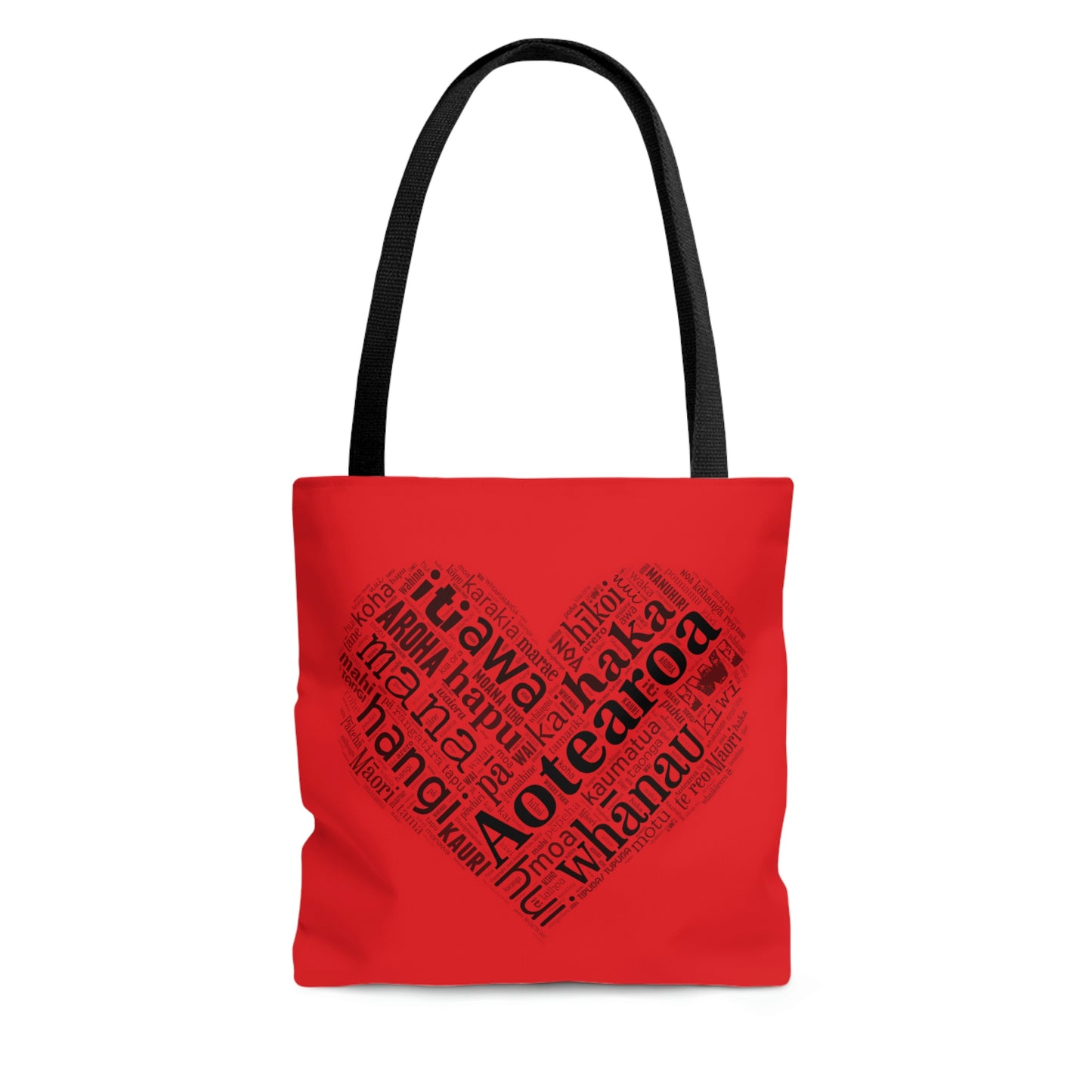 Red Māori Word Art Heart Tote Bag