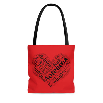 Red Māori Word Art Heart Tote Bag