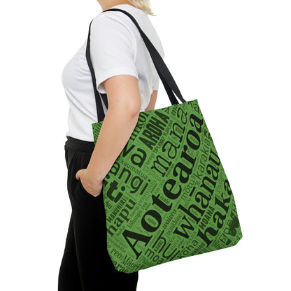 Green Māori Word Art Tote Bag