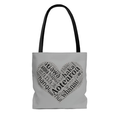 Grey Māori Word Art Heart Tote Bag