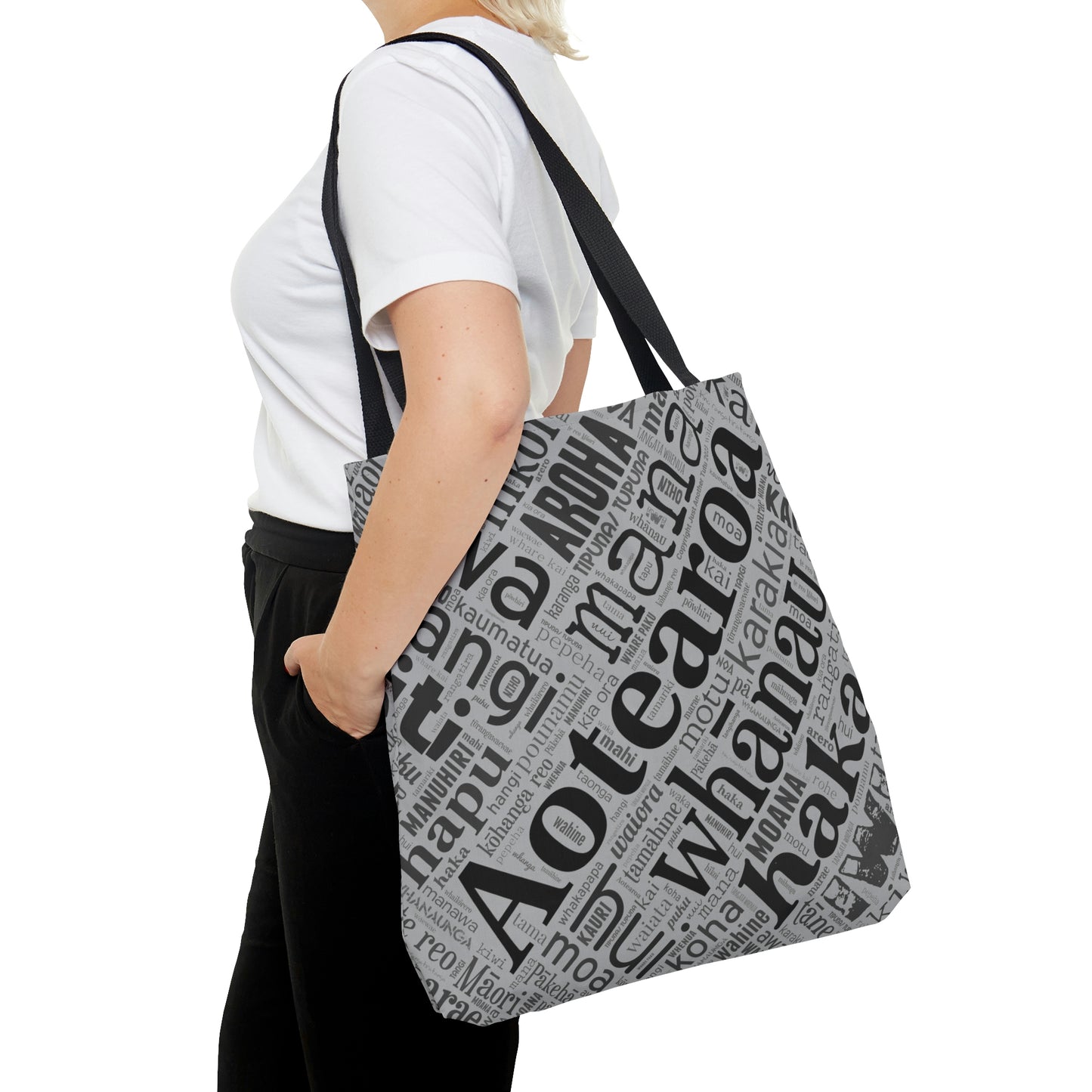 Grey Māori Word Art Tote Bag