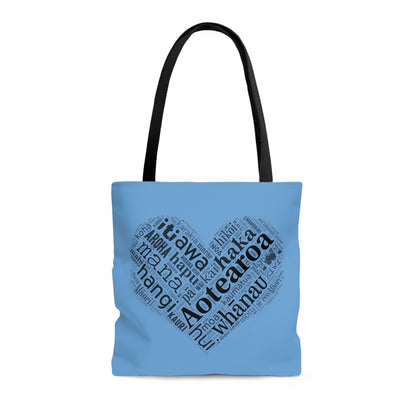 Light Blue Māori Word Art Heart Tote Bag