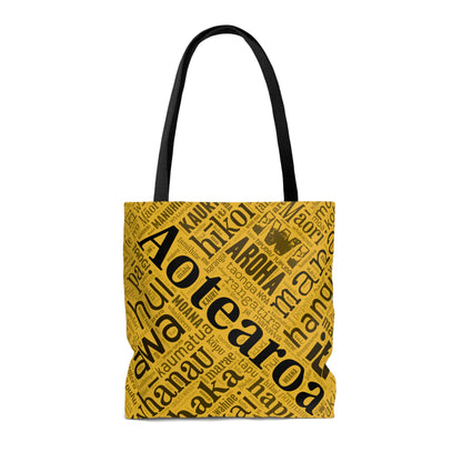 Yellow Māori Word Art Tote Bag