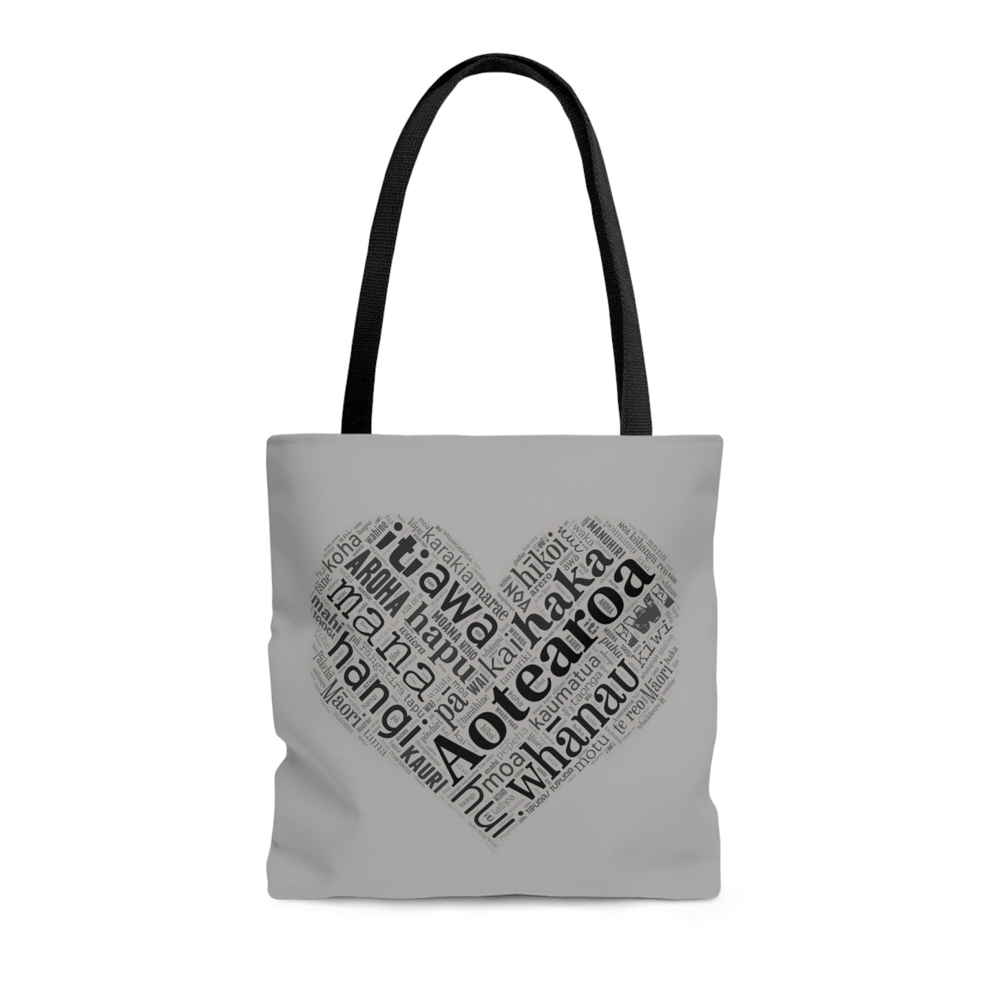 Grey Māori Word Art Heart Tote Bag