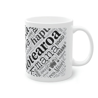 White Māori Word Art Mug