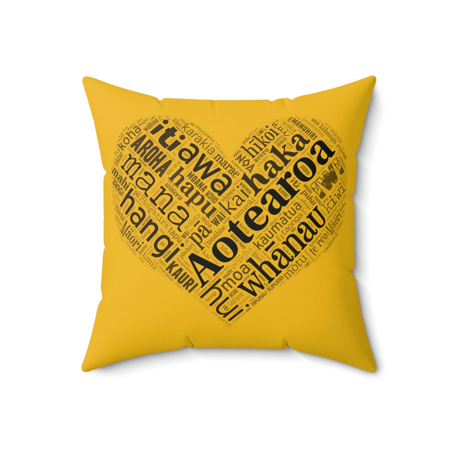 Yellow Māori Word Art Heart Square Pillow