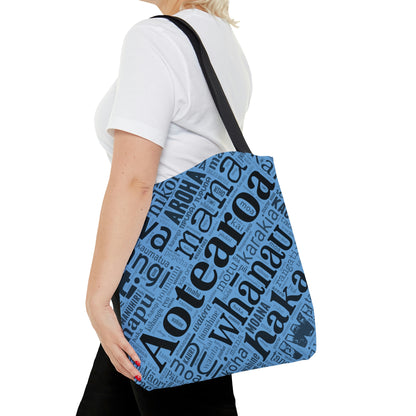 Light Blue Māori Word Art Tote Bag